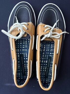 Tommy Hilfiger Navy and Tan Leather Boat Shoes